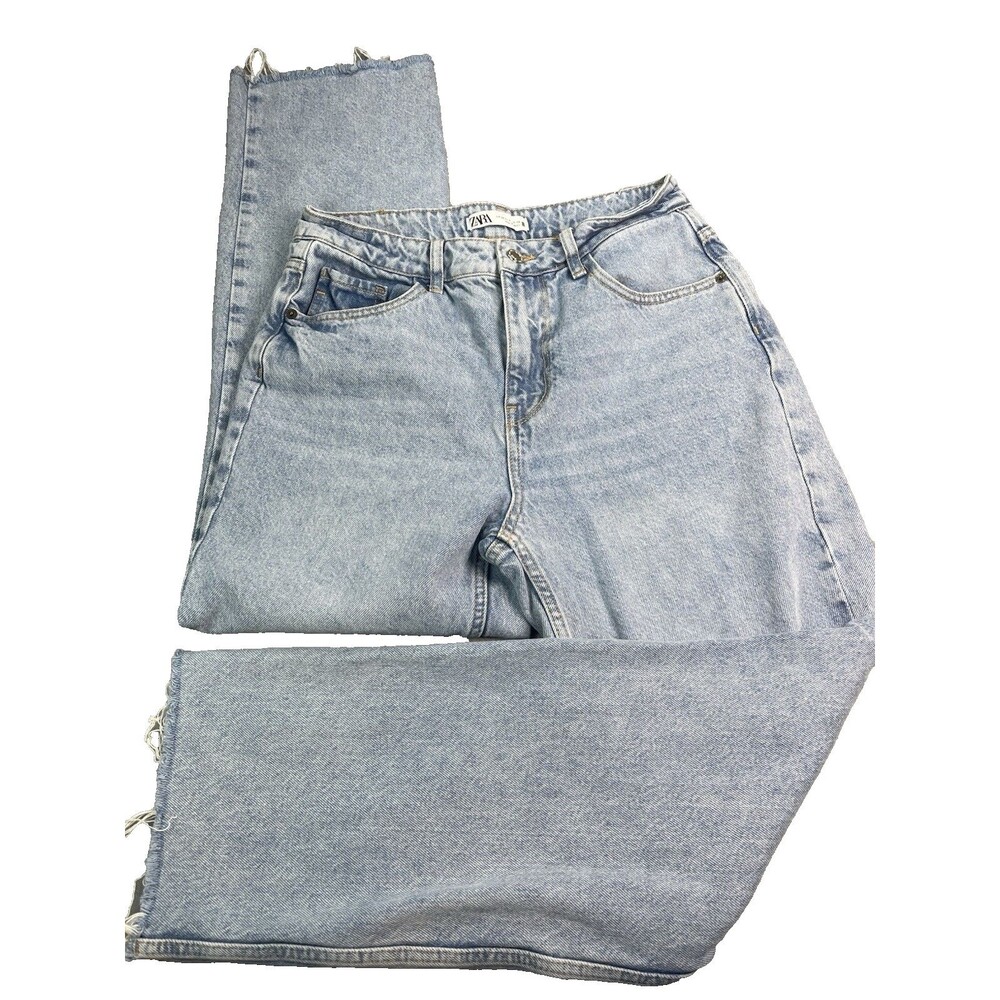 Zara womens jeans relaxes wide straight leg 5 pocket raw hem sz 6 school party